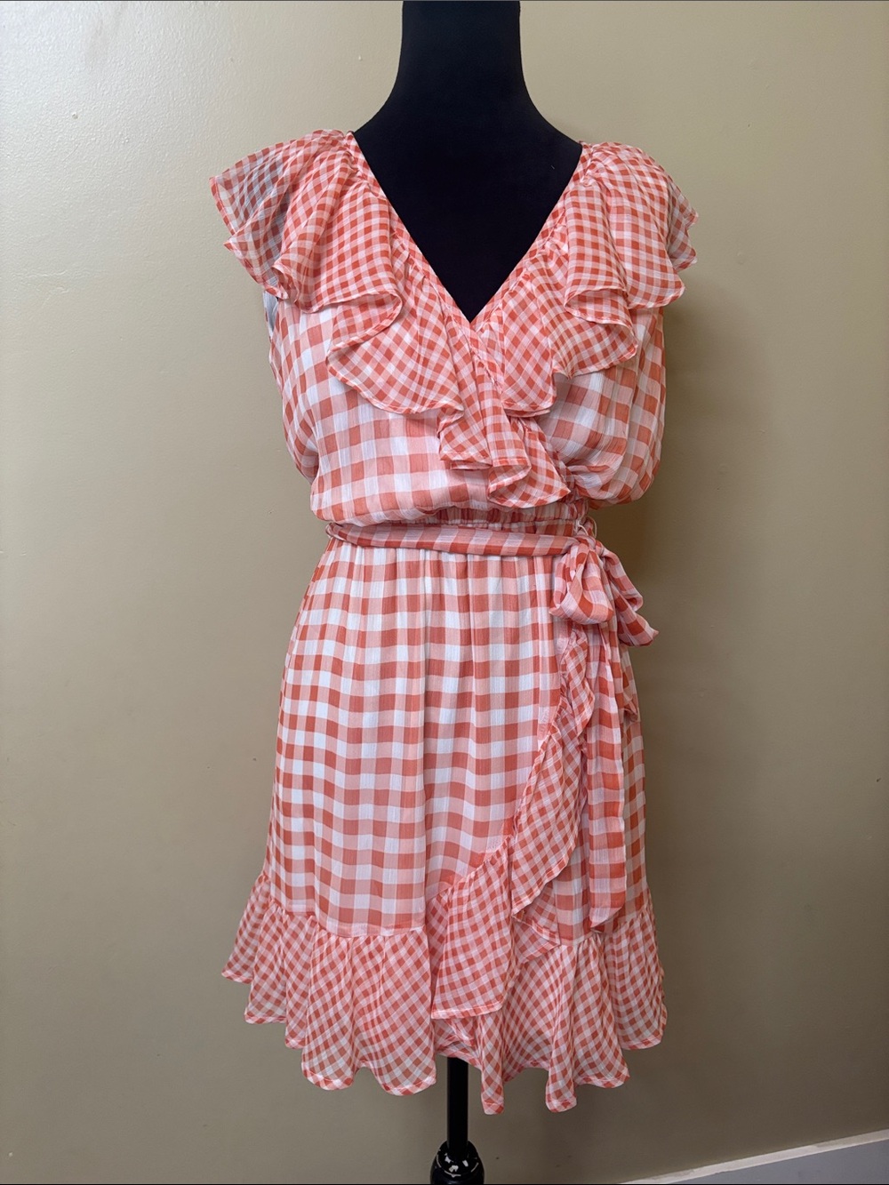 LC Lauren Conrad Orange and White Gingham Faux-Wrap Dress